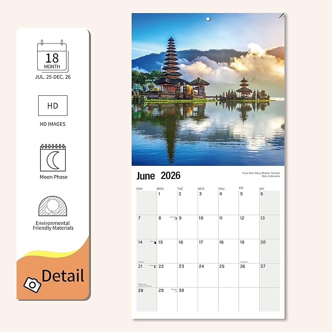 2025-2026 Wall Calendar Exotic Destination Planner Calendar, Hangable Monthly Wall Calendar with Large Blocks for Organizing & Planning, Academic Schedule, Home, Office & family, Thick & Sturdy Paper (12"x24" Open)
