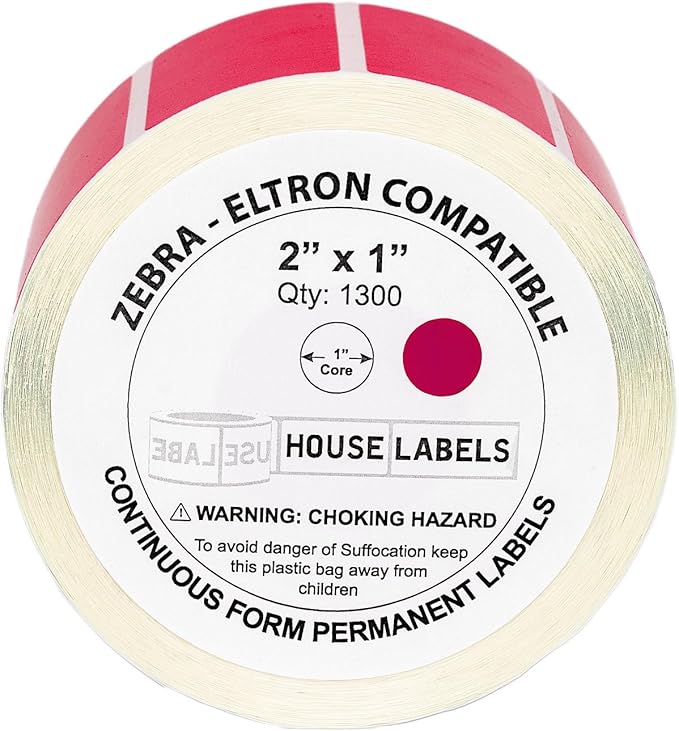 HOUSELABELS 2" x 1" Red Barcode Labels on 1" Core Compatible with Zebra and Rollo Printers, 28 Rolls / 1,300 Labels per Roll