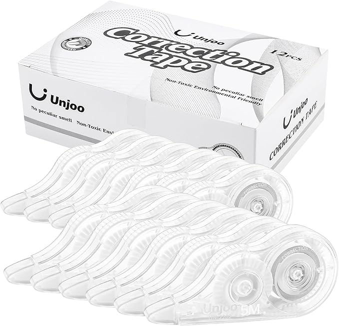 Unjoo White Correction Tape, Fast Clean and Easy to Use Tear-Resistant Tape, For school Supplies, Office (12pack, White, 5M/196, Tape Width 0.2in)