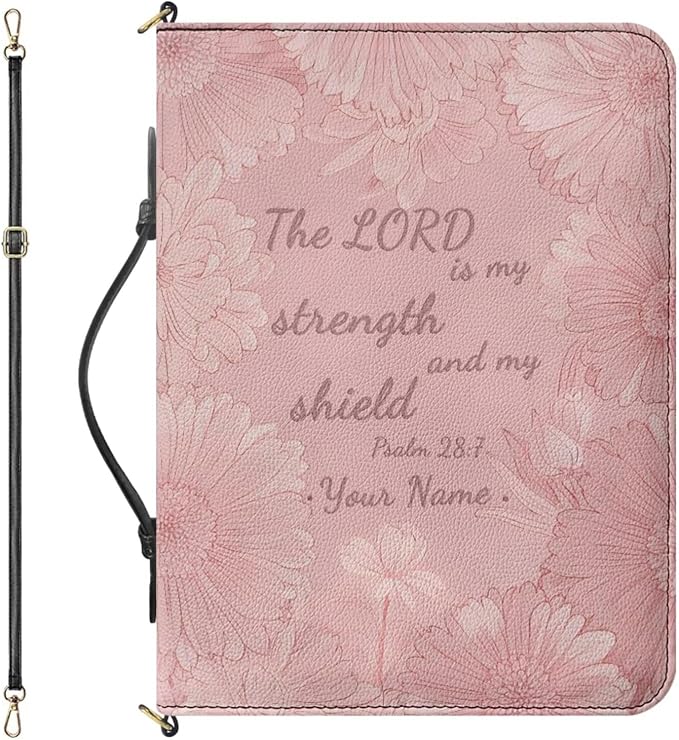 Custom Bible Cases for Girls, Personalizedl Bible Cover Case with Name, Psalm 28:7 Print PU Leather Book Protecto with Strap Handle Inner Pockets and Pen Loop, Biblia Study Supplies