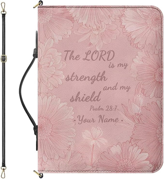 Custom Bible Covers for Women, Personalized Bible Tote Bage with Name, Psalm 28:7 Print PU Leather Biblia Organizer with Strap Handle Inner Pockets and Pen Loop, Church Bags for Women