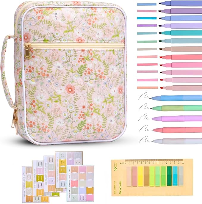 Bible Bag for Women, Bible Cover Case with Study Supplies,Large Quilted Bible Bag with Handle and Zipper, Suitable for Christian Books-Christian Gift for Girls(Small Flowers)