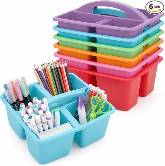 6 Pack Assorted Colors Classrooms Caddy 4 Compartment Classroom Caddy Compartment Caddies Set Table Caddies Classrooms with Handle for Classroom Organization Table Desk Office Supplies(Rainbow)