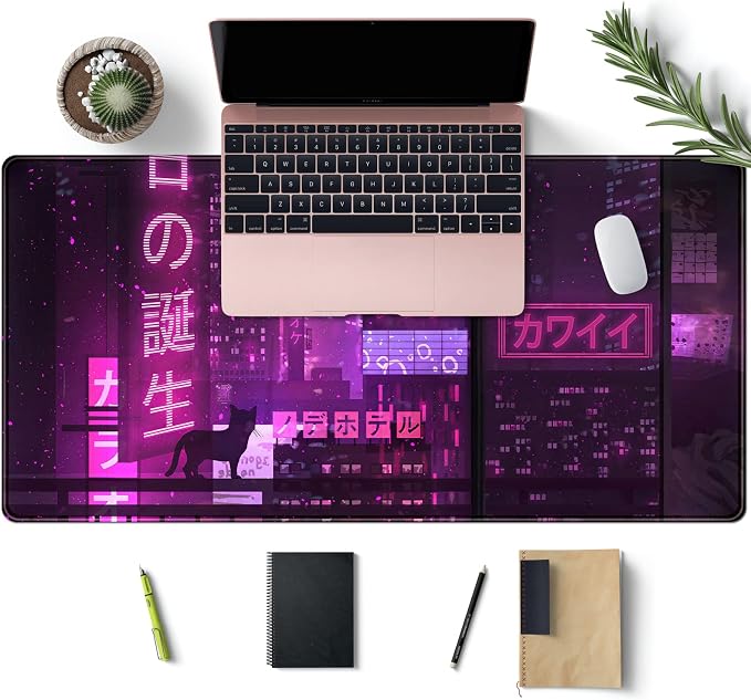 Purple Gaming Mousepad Japanese Desk Mat XXL Extended Anime Cool Large Mouse Pad Keyboard Mouse Mat Desk Pad for Computer Laptop Gamers 31.5''X15.7'' Non-Slip Rubber Base with Stitched Edges