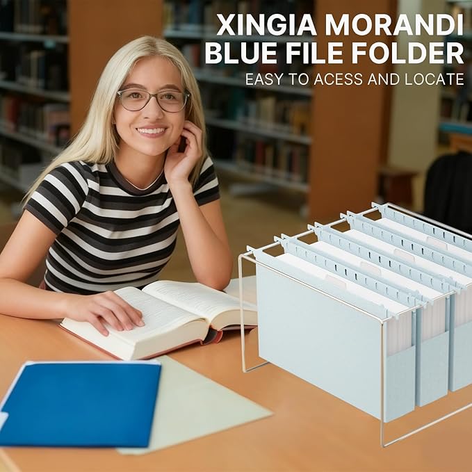 XINGIA Extra Capacity Wheat Straw Hanging File Folders Legal Size,2 Inch Expanding Pocket Folder Heavy Duty,12 Pack Reinforced Plastic File Organizer for Bulk Files/Medical Charts(Morandi Blue)