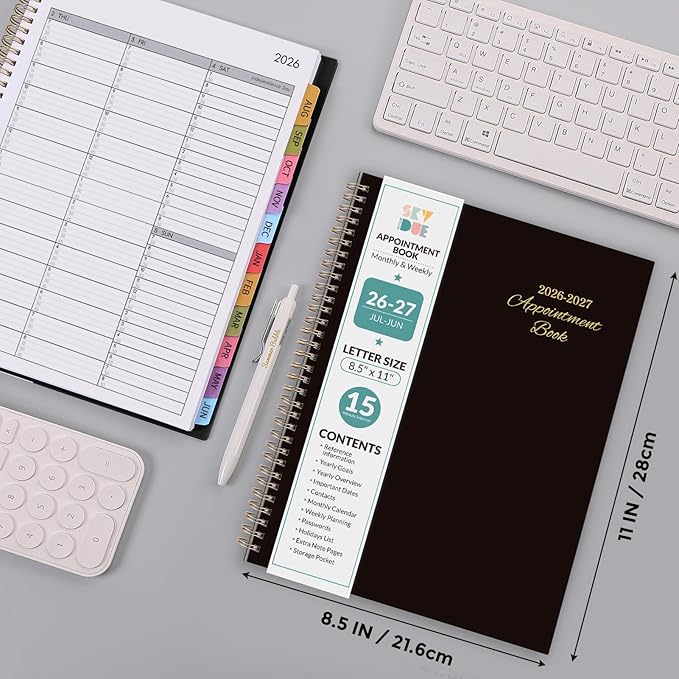 SKYDUE Appointment Book 2026-2027, Academic Hourly Planner from July 2026 - June 2027, 8.5" x 11" Weekly & Monthly Schedule Planner with 15-Minute Interval- Perfect for Daily Planning Black