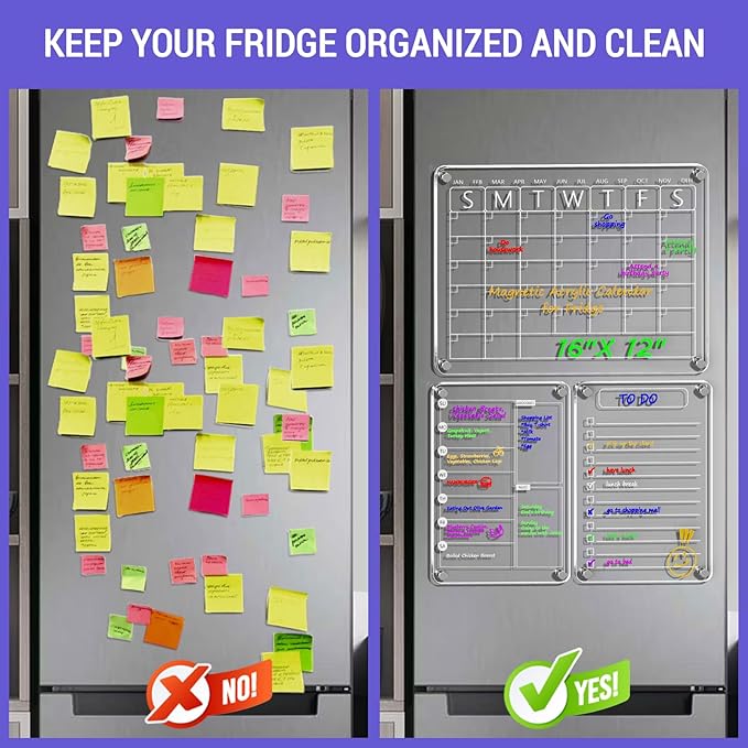 3 Pack Magnetic Acrylic Dry Erase Boards for Fridge – Monthly Calendar, Weekly Planner, to-Do List, Clear Reusable Whiteboard Set with 6 Color Markers for Refrigerator Organization