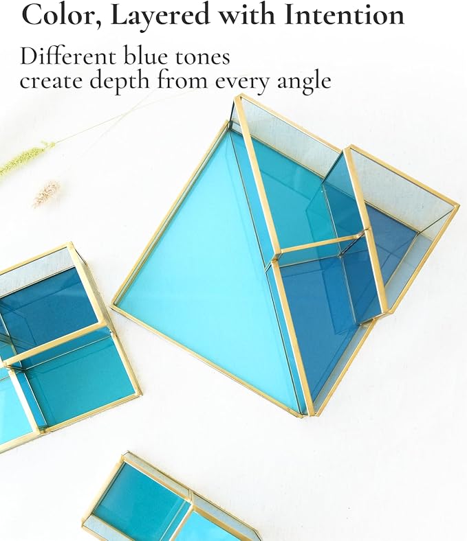 Gold & Blue Glass Desk Organizer - Elegant Office Decor, Aesthetic Makeup Brush Holder & Skincare Organizer, 4-Compartment Pen Holder, Pencil Cup, Vanity & Cosmetic Storage, Desk Accessories for Women