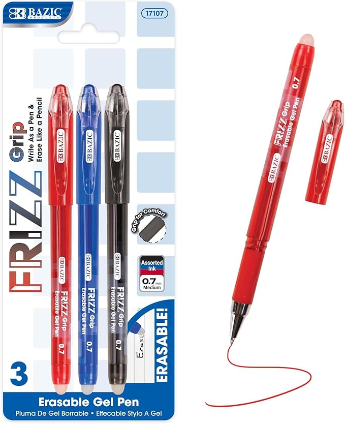 BAZIC PRODUCTS Frizz Erasable Gel Pens, 0.7mm Medium Point, Assorted Colors Ink, Comfort Grip for Smooth Writing Drawing Planner, 1-Pack