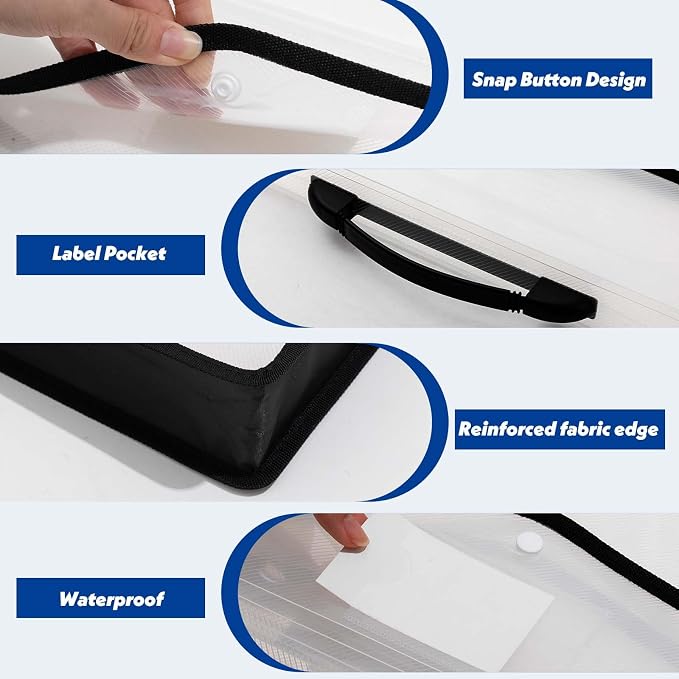 AmazingSpark 4 Pcs 11 x 17 Inch Folder Expandable Tabloid Size Document Organizers with Handle, Snap Closure & Label, Clear Plastic Expanding File Folder for A3 Ledger Size Plots Charts (Black)