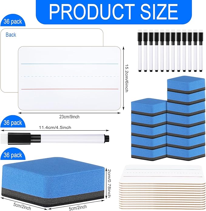 Colarr 36 Sets Mini White Boards 6"x 9" Dry Erase Boards Classroom Pack Includes Two Sided Small Whiteboards Markers, Lapboards Erasers for Teachers Students School