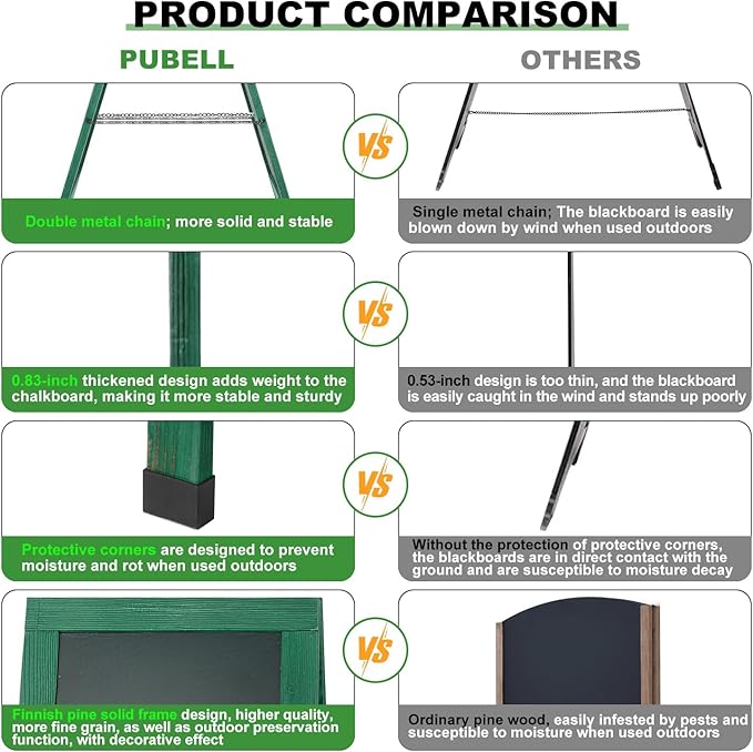 Large Sandwich A-Frame Chalkboard Sign - 40 x 20 Inches Green Magnetic Wooden Chalk Board for Sidewalk, Stand up Double-Sided Outdoor Easel Display for Restaurant Cafe Shop Wedding Party or Business