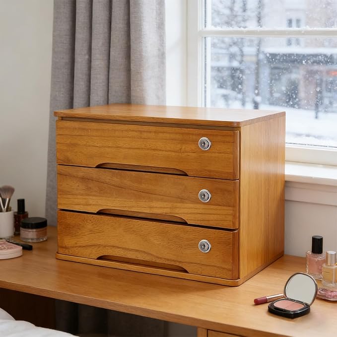 Wooden Desktop Storage Box with Lockable Drawers, Flat File Cabinet Drawer Desktop Storage Box, Countertop Storage Cabinet for Office Home Toiletries Supplies Vanity (Wood yellow, 3 Drawer)