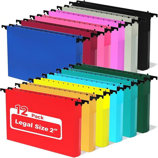 Ansook 12 Pack Legal Size Hanging File Folders, Plastic 2" Expandable Legal Size File Folders, Assorted Colors Legal Hanging Folders for Office School Home Filing Cabinet, Hanging File Organizers