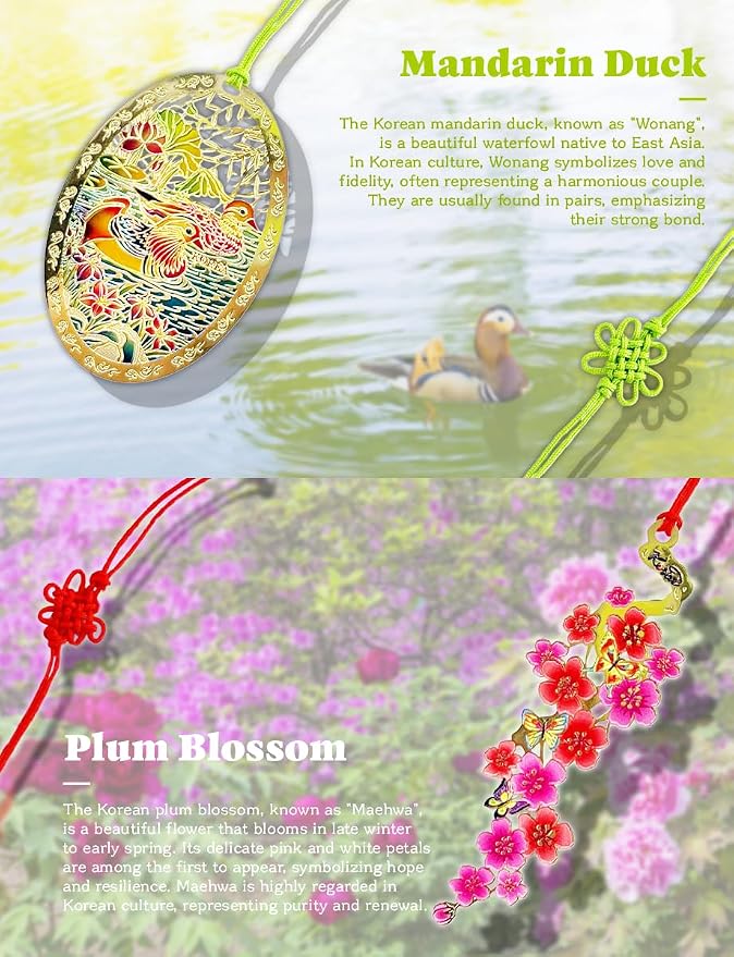 4 Pieces Metal Bookmark (Mandarin Duck, Plum Blossom, Gyeongbokgung Palace, Peony Hand Fan) + 4 Envelopes - Korean Traditional Bookmark 책갈피 원앙, 매화꽃, 경복궁, 목단부채