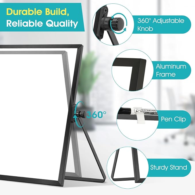 Dry Erase White Board, WALGLASS 16" x 12" Small Desktop Whiteboard with Stand, Double-Sided Magnetic Whiteboard, Portable Dry Erase Board for Kids Drawing, Study, Home, Office, School (Black)