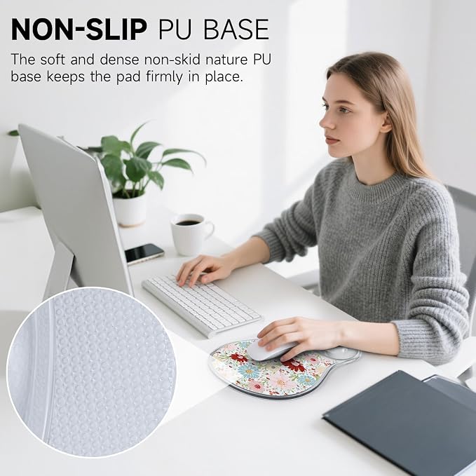 AUPET Ergonomic Mouse Pad with Gel Wrist Support – Non-Slip Mouse Mat with Comfortable Memory Gel Cushion – Relieves Wrist Pain – Designer Pattern for Home Office & Gaming (Colorful Daisy)