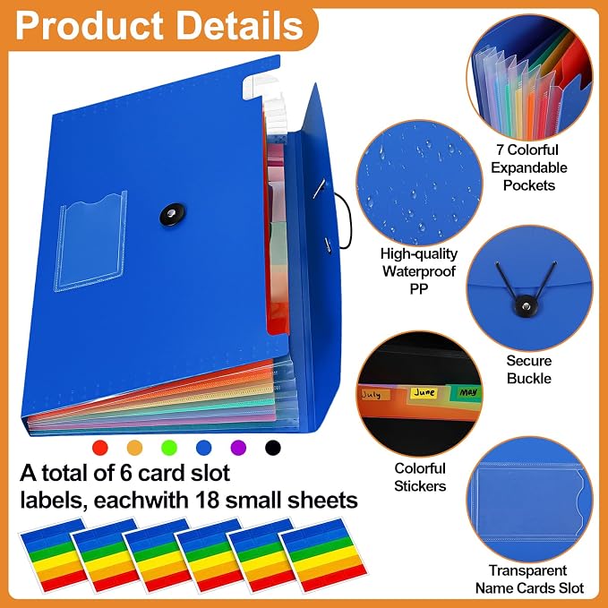 PerKoop 6 Pack Expanding File Folders 7 Pocket File Holder Organizer A4 Letter Size Paper Document Receipt Organizer with Labels and Card Pockets for Home, Classroom, Office and Travel, 6 Colors