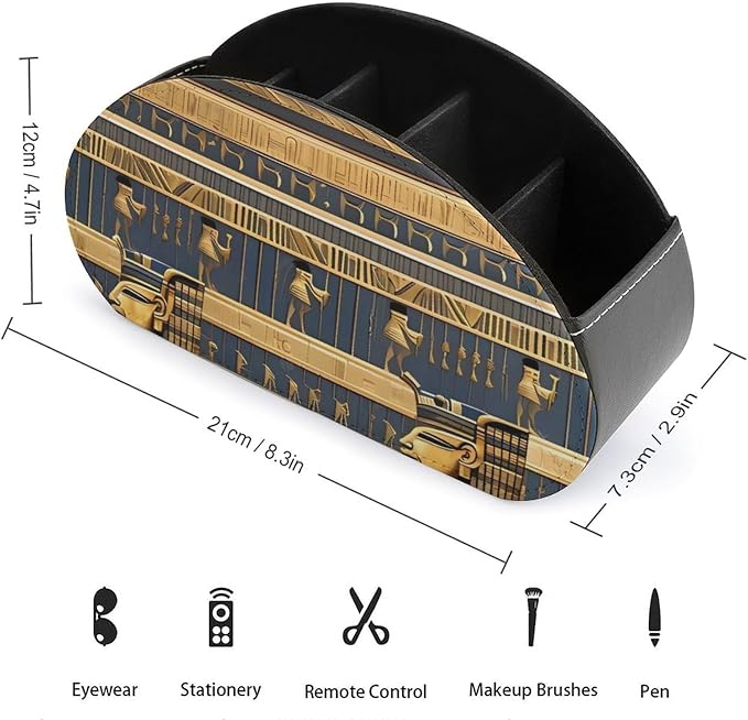 Egyptian Pharaonic Frescoes Remote Control Holder PU Leather Remote Caddy TV Remote Storage Box with 5 Compartments Pencil Storage Box Makeup Brush Holder Office Supplies