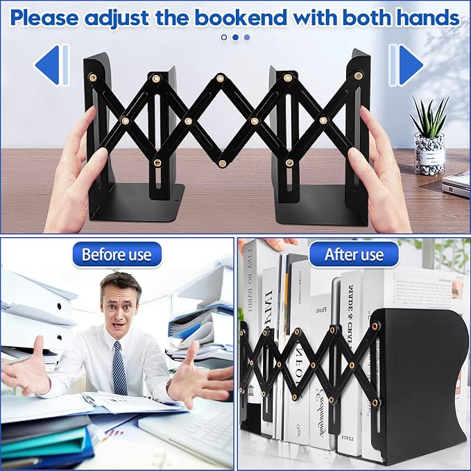 2PCS Heavy Duty Book End to Hold Books, Adjustable Bookends Book Holder for Shelves, Decorative Book Organizer for Desk, Sturdy & Flexible - Metal Book Ends Binder Holder for Tabletop