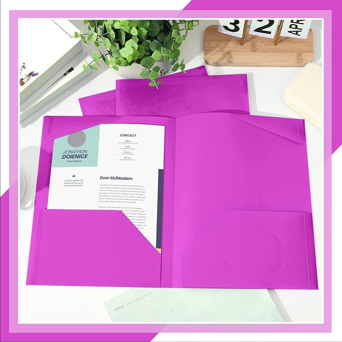Henoyso 36 Pack Fluorescent Purple Plastic Folders with Clear Front Pockets Heavy Duty File Folders with 2 Pockets and Card Slot for Student Communication School Office Presentation Report