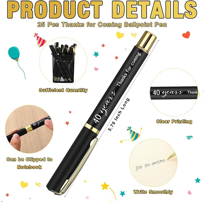 Spakon 25 Set 40th Birthday Party Favor for Guest Anniversary Party Favor Golden Birthday Bookmark Thanks Coming Pen with Tag Appreciation Gifts for Women Men Wedding Anniversary
