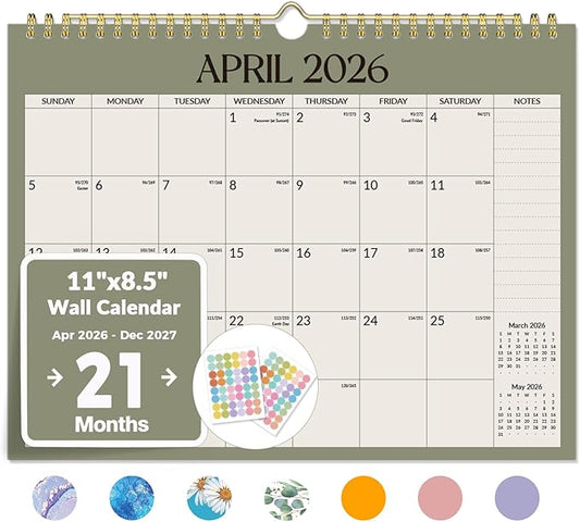 Forvencer 2026 Calendar, 21-Month Wall Calendar 2026, Apr 2026 - Dec 2027, 11" x 8.5" Monthly Planner Calendars with Note Pages & Stickers, Unruled Blocks, Spiral Binding Hanging for Home Office