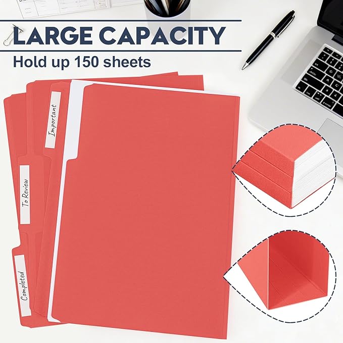 File Folders,150 Pack Colored File Folders Letter Size,8.5" x 11",1/3 Cut Tab Folder,Durable Paper Bulk File Folders with Blank Labels for Office Business School Home Use,Dark Red