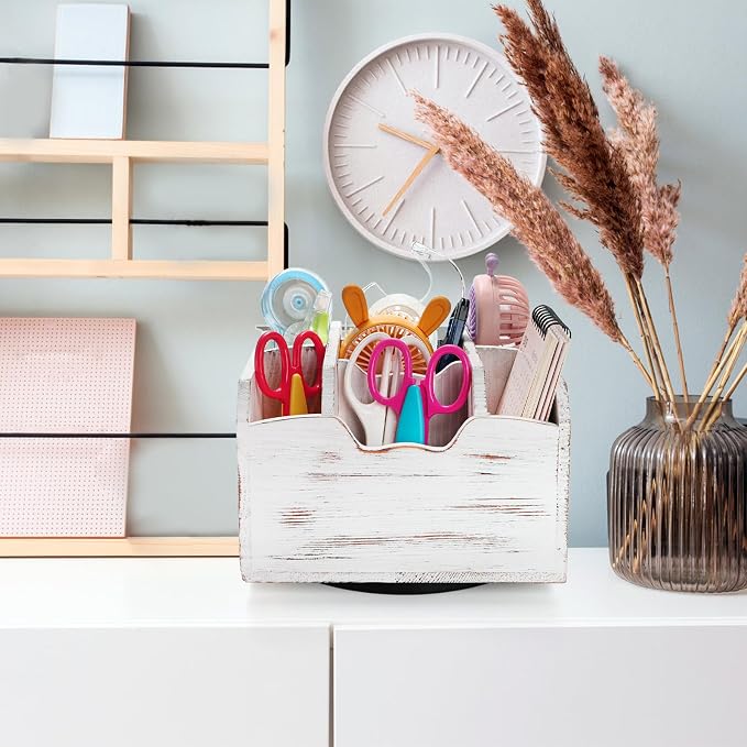 yarlung Vintage Rotating Remote Control Holder, Shabby Chic White Wooden Office Supplies Organizer 7 Compartments, 360° Rotation Multipurpose Storage Caddy for Pens, Art Supplies, TV Media