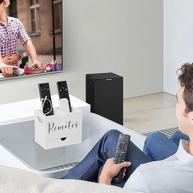 Remote Control Holder, TV Remote Holder with Drawer, Wood Remote Control Organizer for Table, Media Storage Box for Nightstand, Living Room (White,2 Slots)