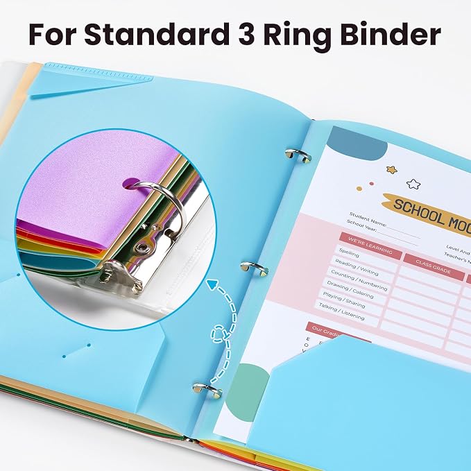 Sooez 2-Pocket Folders, Plastic Folders with Pockets 3 Hole Punched, 1 Pack Pockets Folder for 3 Ring Binder with Labels, Heavy Duty Binder Folder for Document, Letter Size File Folder,Smoky Purple