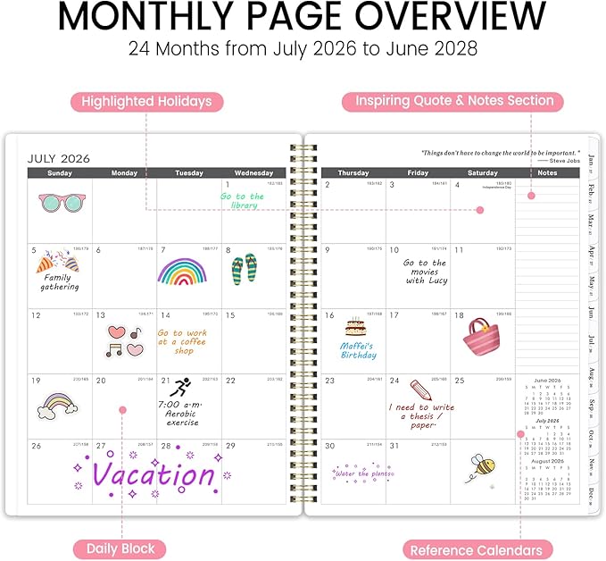 2026-2028 Monthly Planner - 2 Year Monthly Planner/Calendar 2026-2028, JULY 2026 - JUNE 2028, 9" x 11", 24 Months, Tabs, Two-sided Back Pocket, Holidays, Twin-Wire Binding, Note Pages, Perfect for School Office Supplies