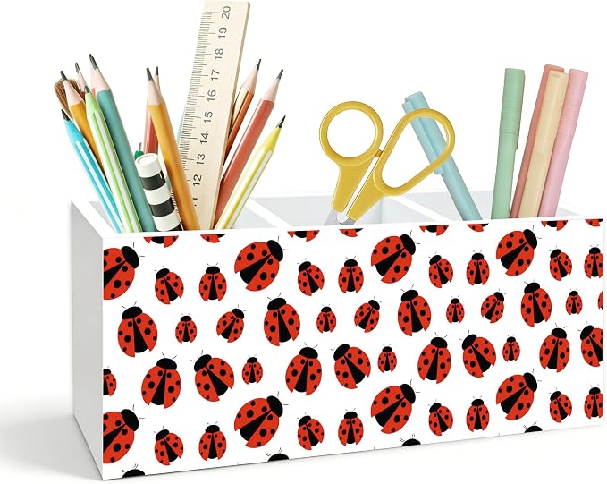 Red Ladybug Pen Holder for Desk, Ladybug Lover Gifts, Cute Lady Bug Decor Wooden Box Pencil Pen Holder Organizer for Home Office Desk Accessories