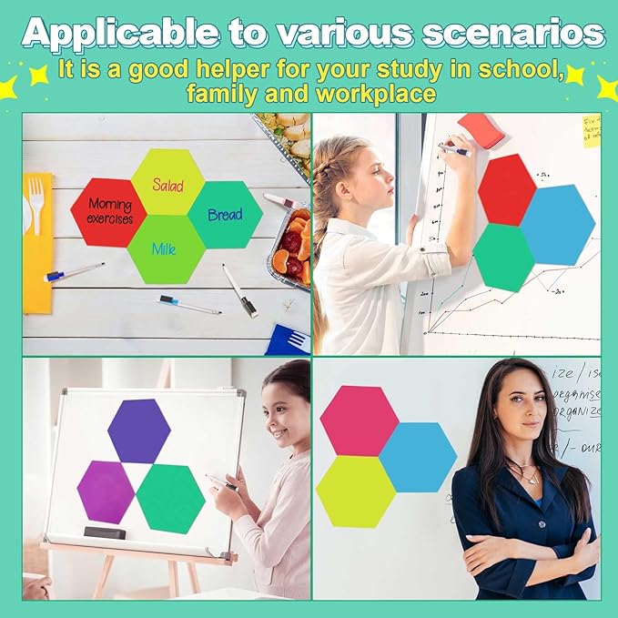 Gueevin 24 Pcs Hexagon Shape Magnetic Dry Erase Board Set 16 Hexagon Small Erase Board Magnet with 8 Dry Marker for Teachers Students, School Classroom Activity Planning, Rainbow Colors