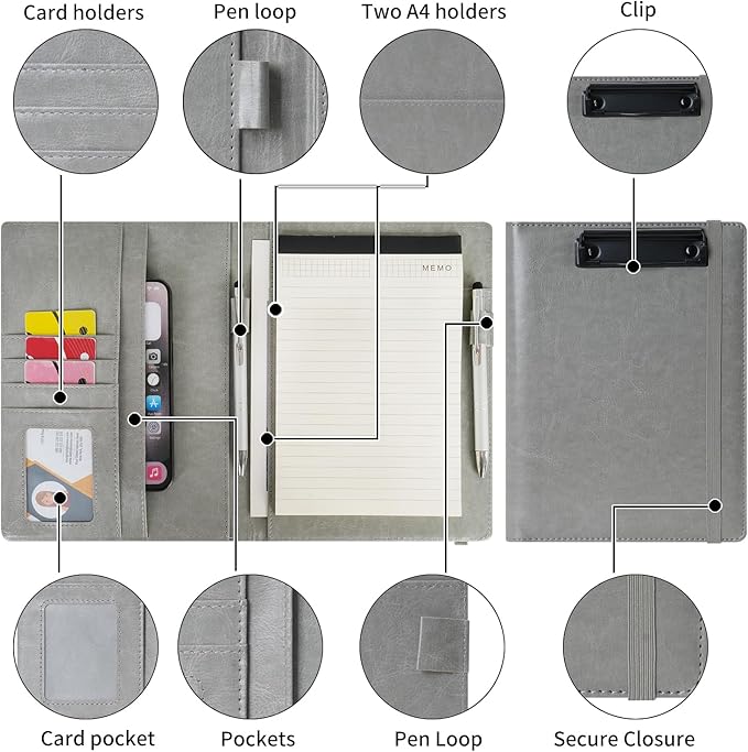 Wonderpool A5 PU Leather Clipboard Partfolio Notepad Forms Holders Document Case - Interview Planner Meeting Writing Padfolio File for Office Travel School Hotel (Grey, A5)
