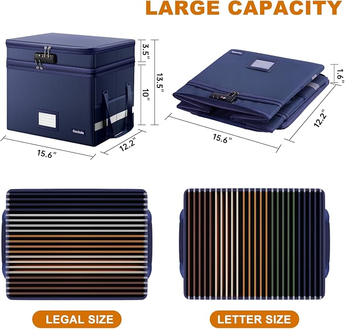 DocSafe File Box with Lock,Multi-Layer Fireproof Document Box Collapsible File Storage Organizer with Pockets/Handle,Large Portable Home Office Filing Safe for Hanging Letter/Legal Size Folders,Blue