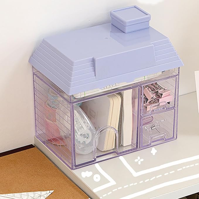 Desk Organizer with Drawers, 3 Drawers Storage Organizer, Creative House Shaped Desktop Storage Drawers Stationary Organizer for Home Dormitory Office (Purple)