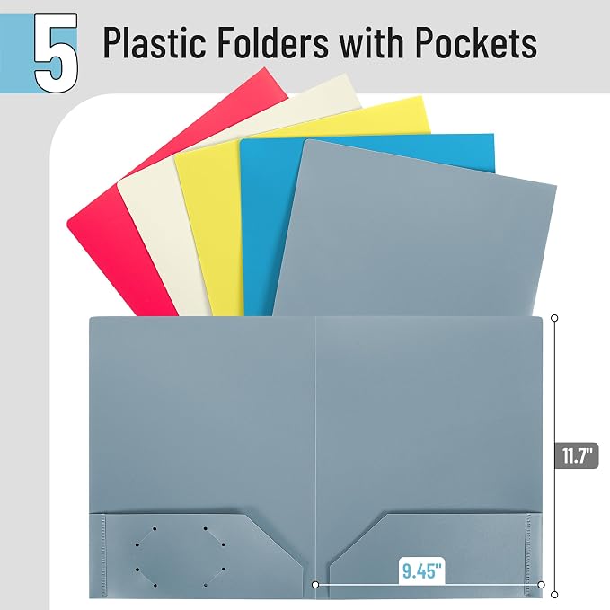 Mr. Pen- Plastic Folders with Pockets, 5 pcs, Aesthetic File Folder with Business Card Slot, 2-Pocket Folder, Back to School, Office, Filing Supplies