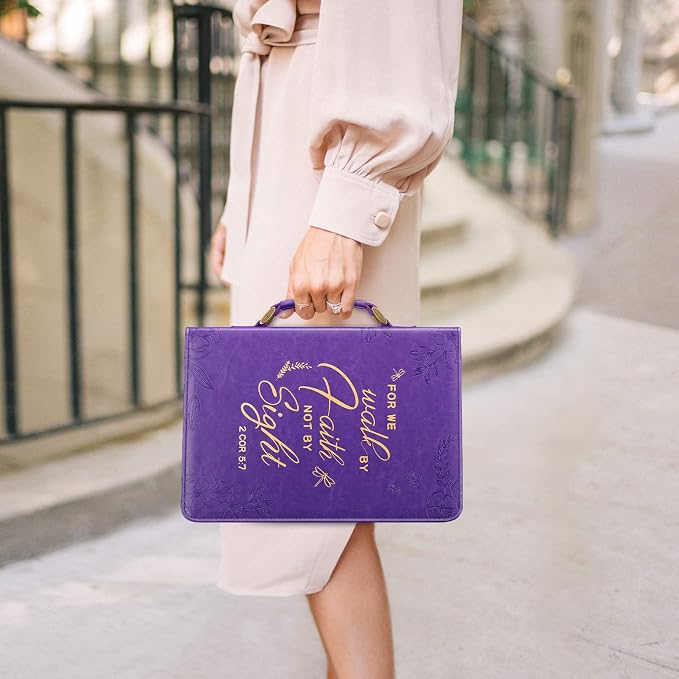 FINPAC Large Classic Bible Cover Vegan Leather Carrying Book Case Church Bag Bible Protective with Handle, Gift for Women, Mother, Friends, Purple