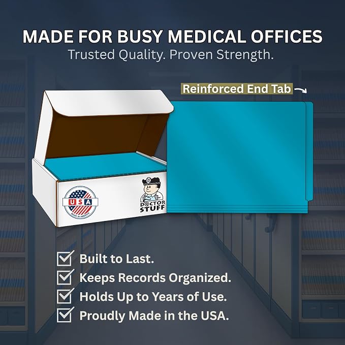 Teal File Folders, Doctor Stuff, Letter Size Reinforced End Tab Folder, 14 pt Stock, Box of 50