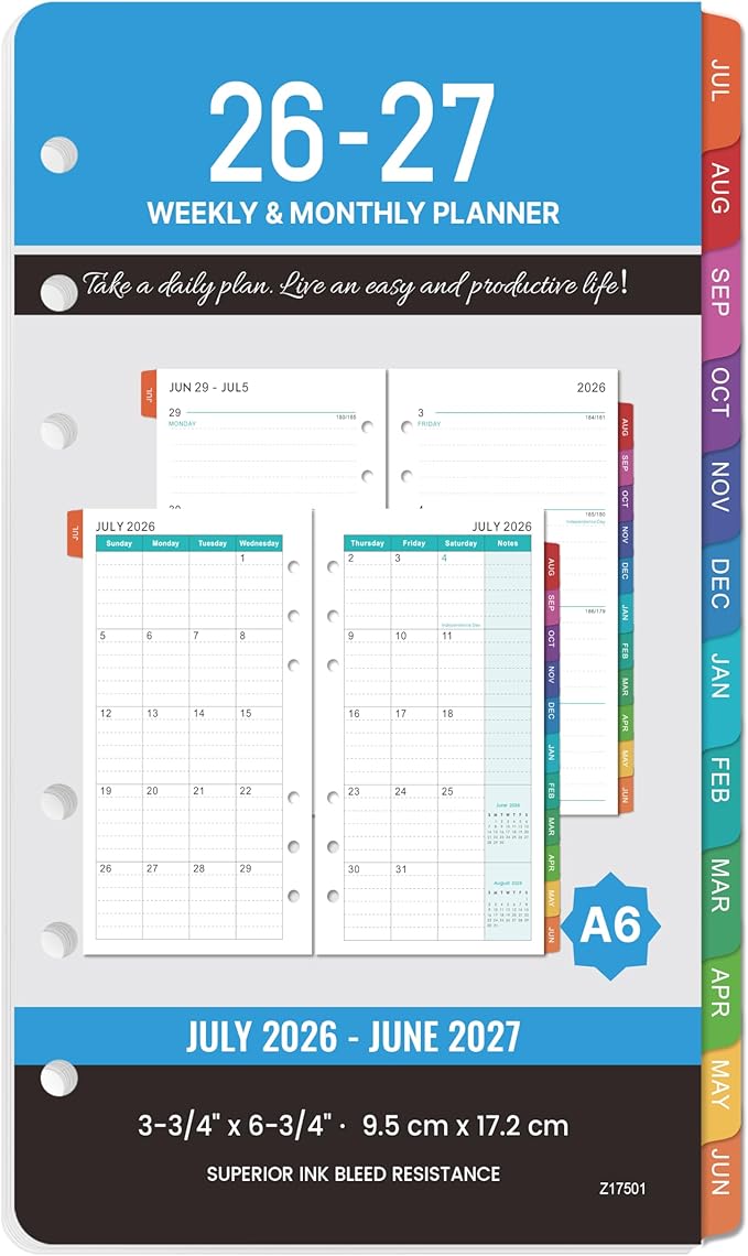 2026-2027 Planner Refills - 4" x 7", A6 Weekly and Monthly Planner Inserts, Jul. 2026 - Jun. 2027, Planner Refills 2026-2027, 6 Holes, Colorful Monthly Tabs