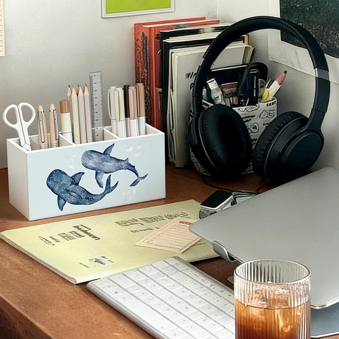 Blue Whale Shark Beach Pen Pencil Holder for Desk, Whale Shark Gifts, Beach Office Decor, Coastal Ocean Marine Biology Wooden Box Sign Decorations for Home Office Desk Tabletop