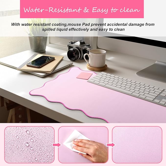 Hahafelt Scalloped Desk Mat Large Desk Pad Cute Coquette Table Mat Back to School Preppy Table Make up Pad Nonslip Graduation Gift with Stitching Waterproof Gaming(Pink,31.5 x 15.8 Inches)
