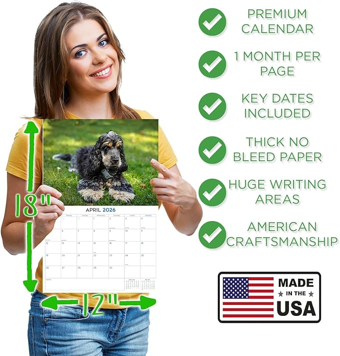 2025 2026 Cocker Spaniel Pups Calendar - Dog Breed Monthly Wall Calendar - 12" x 18" Open - Thick No-Bleed Paper - Giftable - Academic Teacher's Planner Calendar Organizing & Planning - Made in USA