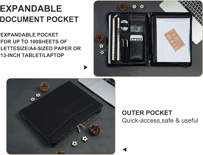 AZXCG Leather Portfolio with Zipper, Embossed PU Leather Padfolio Folio, Professional Business Document Organizer with A4 Letter Sized Writing Pad Holder(Black)