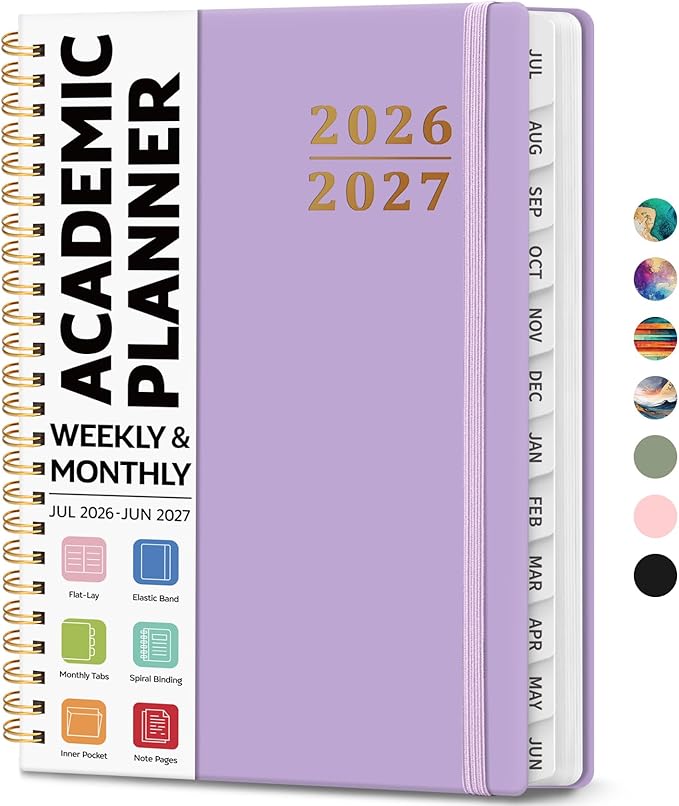 Academic Planner 2026-2027, Weekly and Monthly Calendar Planner Book, July 2026 – June 2027, Hardcover Organizer with Tabs, Perfect for Teachers, Students, Women & Men, A5 (6.4" x 8.5") - Lavender