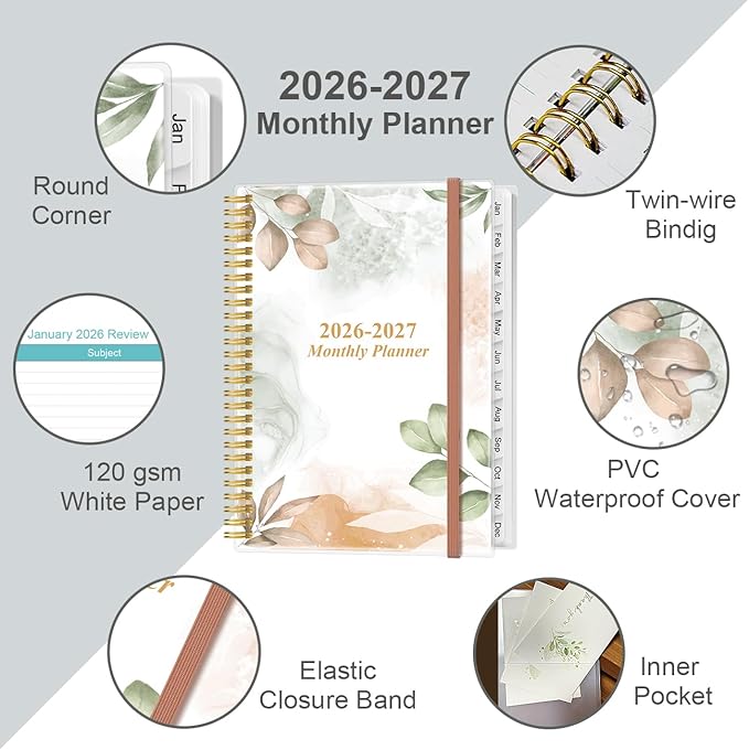 2026-2027 Monthly Planner - 18 Monthly Calendar, January 2026 - June 2027, Two Pages Per Month, 9" x11" Planner with Tabs, Strong Twin-Wire Binding, Inner Pocket, Rose Leaf