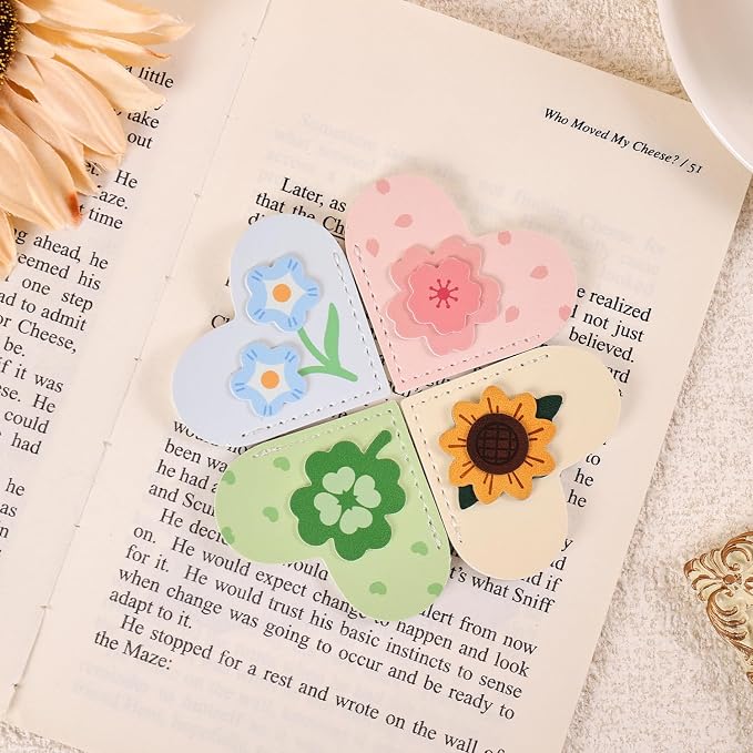 VYRANA 4Pcs Leather Heart Bookmarks - Cute Corner Book Marks Sets for Reading, Floral Read Lover Gifts for Women Men Kids Girl Readers, Pretty Book Markers for Reading, Aesthetic Gifts for Planner