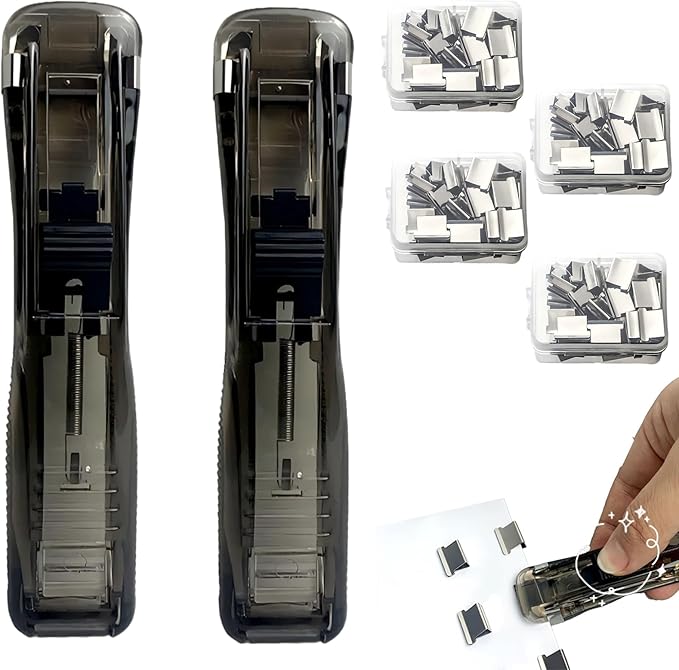 2 Pack Portable Binder Clip Stapler - Damage-Free Paper Clam Clip Dispenser with 200 Reusable Metal Clips, One-Hand Push Fastener Holds 40 Sheets for Office, School & Desk Organization, (Black)