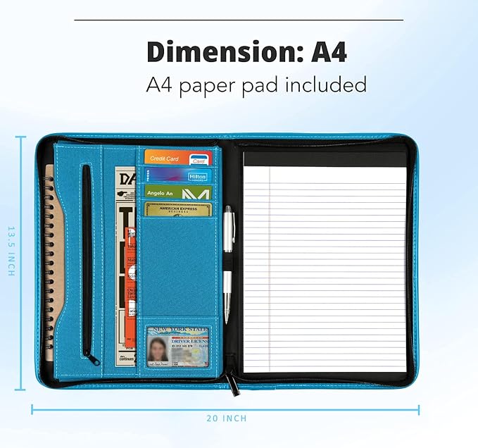 Zippered Portfolio Organizer/ A4 Refillable Lined Writing Notepad Folder Case/Fabric-Covered Padfolio Binder with Interior Storage Pocket for Men Women.Blue